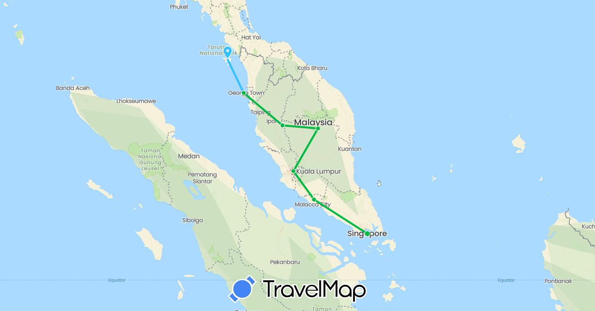 TravelMap itinerary: driving, bus, boat in Malaysia, Singapore (Asia)