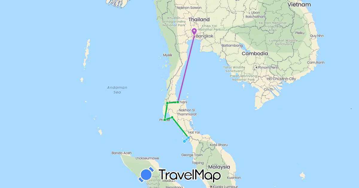 TravelMap itinerary: driving, bus, train, boat in Malaysia, Thailand (Asia)